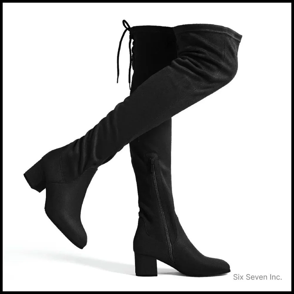 Chunky Heel Over The Knee Boots Stretch Sexy Fall Y2K Retro Elegant